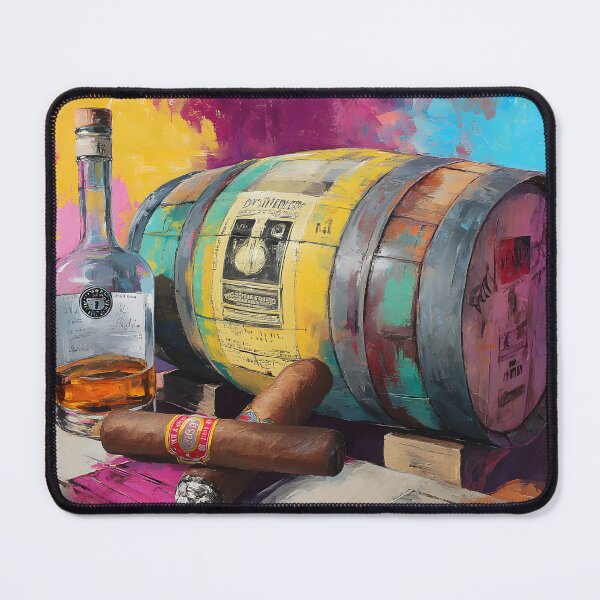 Item preview, Whiskey Bottle and Cigars on Wooden Surface - Vibrant Barrel Background Creates Lively Contrast designed and sold by OlfactoART Studio.