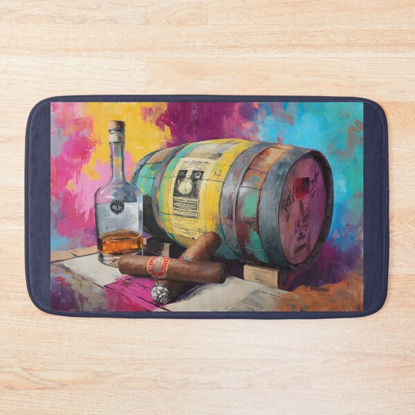 Item preview, Whiskey Bottle and Cigars on Wooden Surface - Vibrant Barrel Background Creates Lively Contrast designed and sold by OlfactoART Studio.
