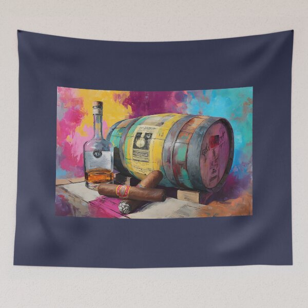 Item preview, Whiskey Bottle and Cigars on Wooden Surface - Vibrant Barrel Background Creates Lively Contrast designed and sold by OlfactoART Studio.
