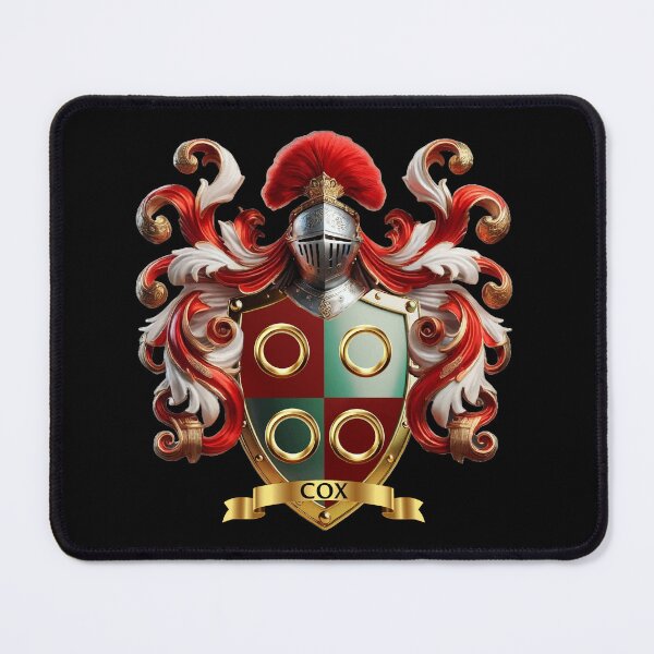 Item preview, Cox Family Crest   Four Golden Rings on Red and Green Quartered Shield designed and sold by Highlandkings.