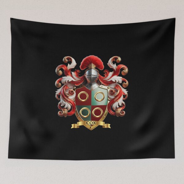 Item preview, Cox Family Crest   Four Golden Rings on Red and Green Quartered Shield designed and sold by Highlandkings.
