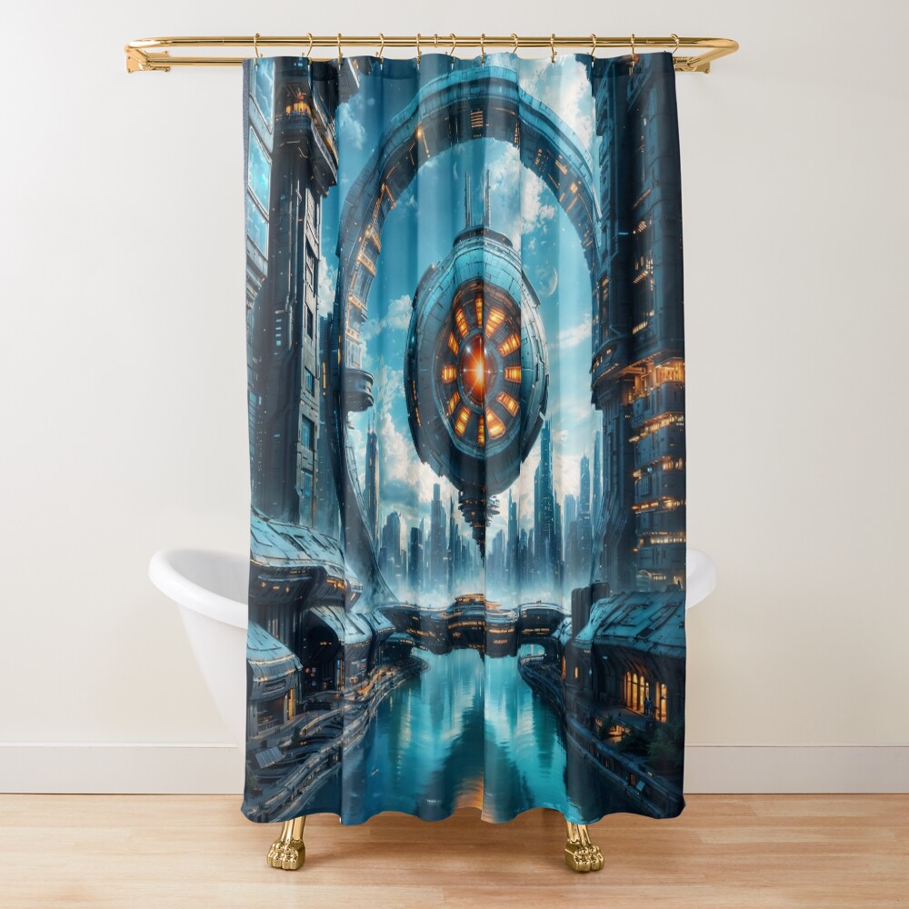 The Klacston Portal Amidst A Futuristic Cityscape Backdrop Mesmerizing AI Concept Art by Xzendor7 Decorative Art Print Shower Curtain