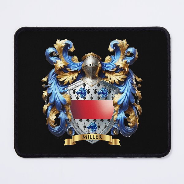 Item preview, Miller Family Crest   Three Blue Wolf Heads and Red Band on Silver Shield designed and sold by Highlandkings.