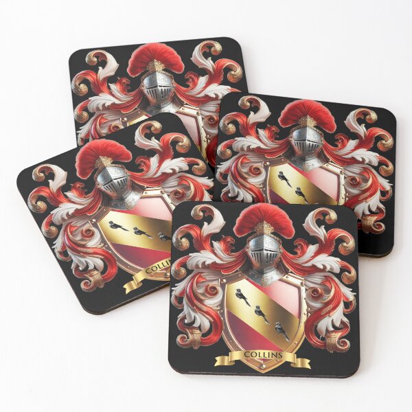 Item preview, Collins Family Crest   Three Black Birds on Golden Diagonal Across Red Shield designed and sold by Highlandkings.