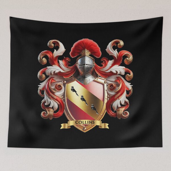 Item preview, Collins Family Crest   Three Black Birds on Golden Diagonal Across Red Shield designed and sold by Highlandkings.