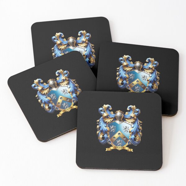 Item preview, James Family Crest - Regal Gold Chevron, Silver Lions, and Shells on Blue Shield designed and sold by Highlandkings.