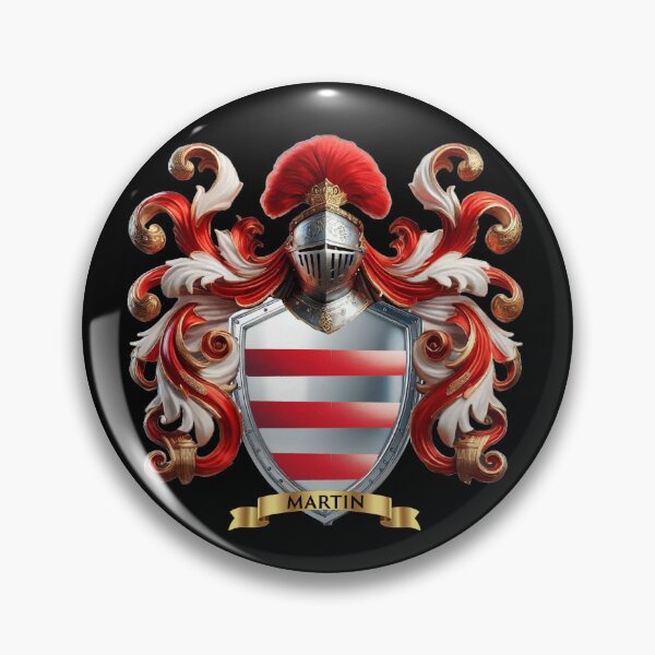 Item preview, Martin Family Crest   Red and Silver Striped Shield Emblem designed and sold by Highlandkings.