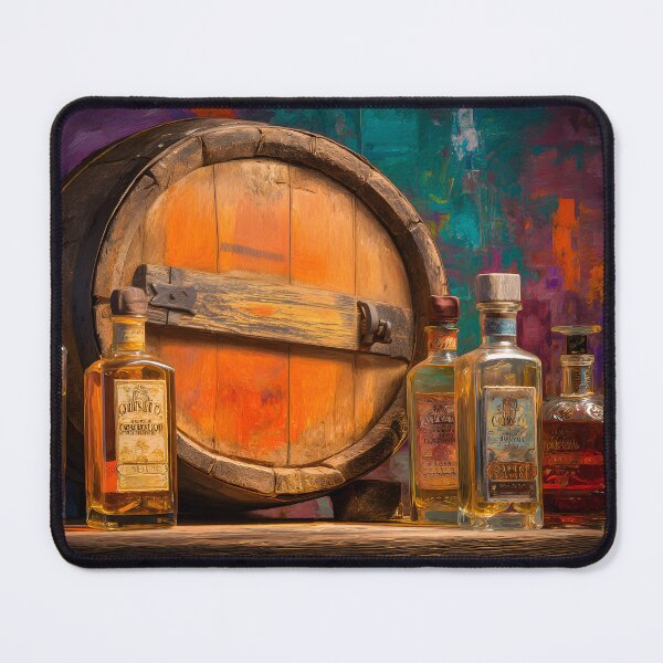 Item preview, Whiskey and Tequila Harmony on Rustic Display - Colorful Liquor Collection with Cozy Barrel Backdrop designed and sold by OlfactoART Studio.