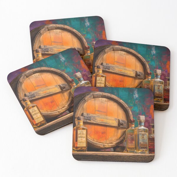 Item preview, Whiskey and Tequila Harmony on Rustic Display - Colorful Liquor Collection with Cozy Barrel Backdrop designed and sold by OlfactoART Studio.