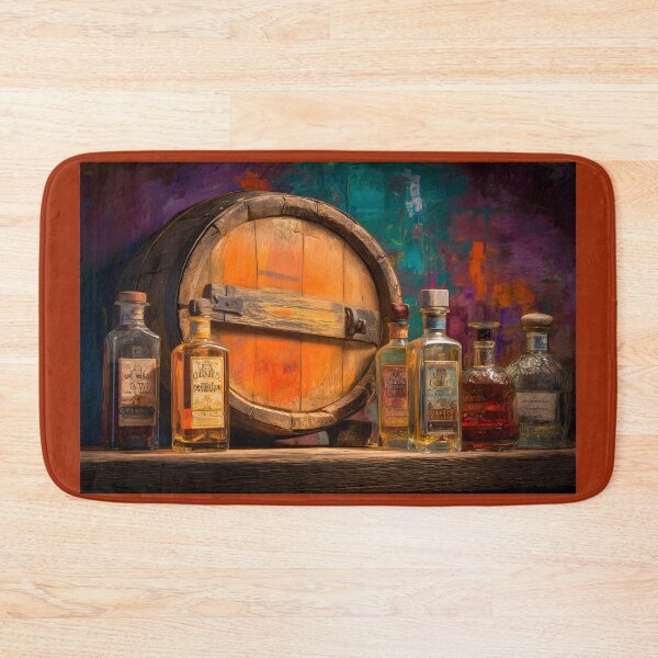 Item preview, Whiskey and Tequila Harmony on Rustic Display - Colorful Liquor Collection with Cozy Barrel Backdrop designed and sold by OlfactoART Studio.