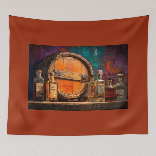 Item preview, Whiskey and Tequila Harmony on Rustic Display - Colorful Liquor Collection with Cozy Barrel Backdrop designed and sold by OlfactoART Studio.