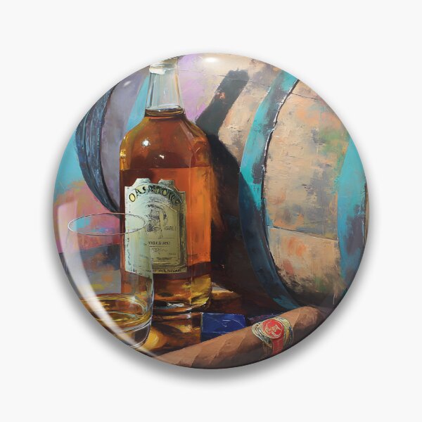 Item preview, Whiskey Bottle, Glass, and Cigar on Rustic Barrel - Vibrant Colors Create Warm, Lively Ambiance designed and sold by OlfactoART Studio.