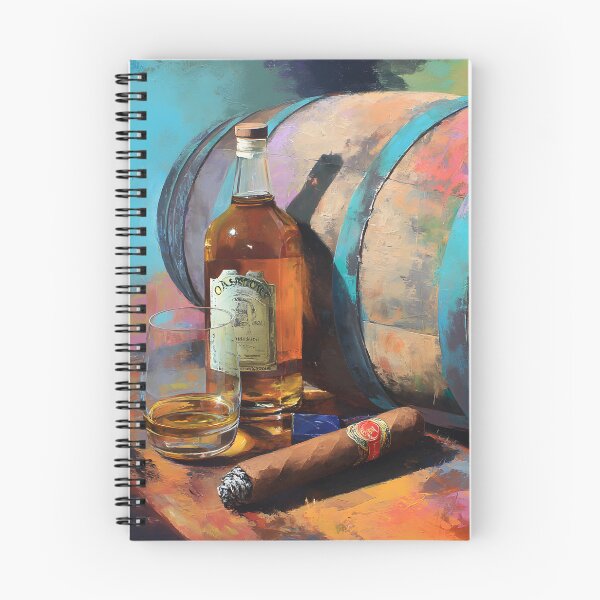 Item preview, Whiskey Bottle, Glass, and Cigar on Rustic Barrel - Vibrant Colors Create Warm, Lively Ambiance designed and sold by OlfactoART Studio.