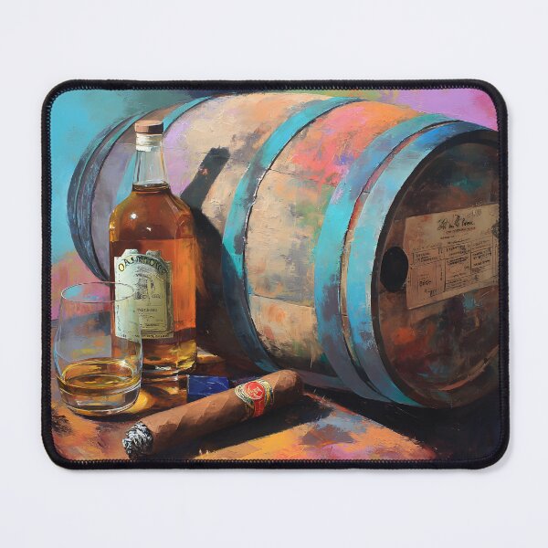 Item preview, Whiskey Bottle, Glass, and Cigar on Rustic Barrel - Vibrant Colors Create Warm, Lively Ambiance designed and sold by OlfactoART Studio.