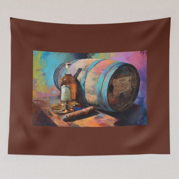 Item preview, Whiskey Bottle, Glass, and Cigar on Rustic Barrel - Vibrant Colors Create Warm, Lively Ambiance designed and sold by OlfactoART Studio.