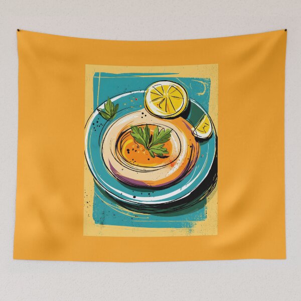 Item preview, Vibrant Hummus Plate Bursting with Fresh Parsley and Zesty Lemon Wedges in Bold Colors designed and sold by OlfactoART Studio.