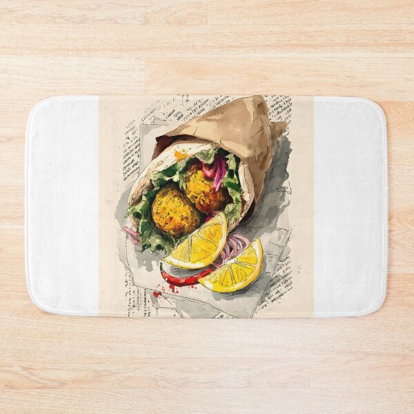 Item preview, Falafel Wrap Garnished with Lemon and Fresh Veggies Against a Textured Backdrop of Words and Color designed and sold by OlfactoART Studio.