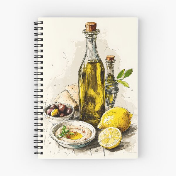 Item preview, Mediterranean Ingredients Come Together in a Rustic Arrangement with Olive Oil Bottles Lemons Hummus designed and sold by OlfactoART Studio.