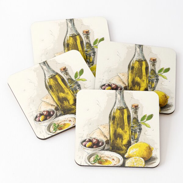 Item preview, Mediterranean Ingredients Come Together in a Rustic Arrangement with Olive Oil Bottles Lemons Hummus designed and sold by OlfactoART Studio.