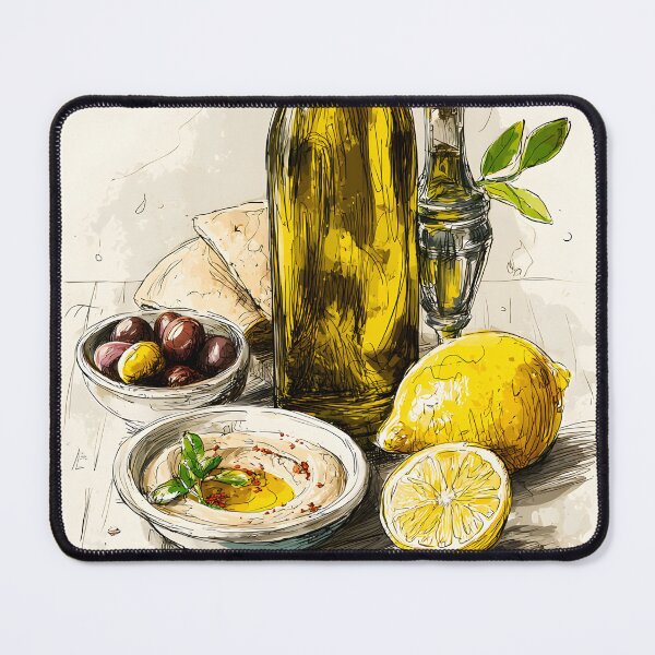 Item preview, Mediterranean Ingredients Come Together in a Rustic Arrangement with Olive Oil Bottles Lemons Hummus designed and sold by OlfactoART Studio.