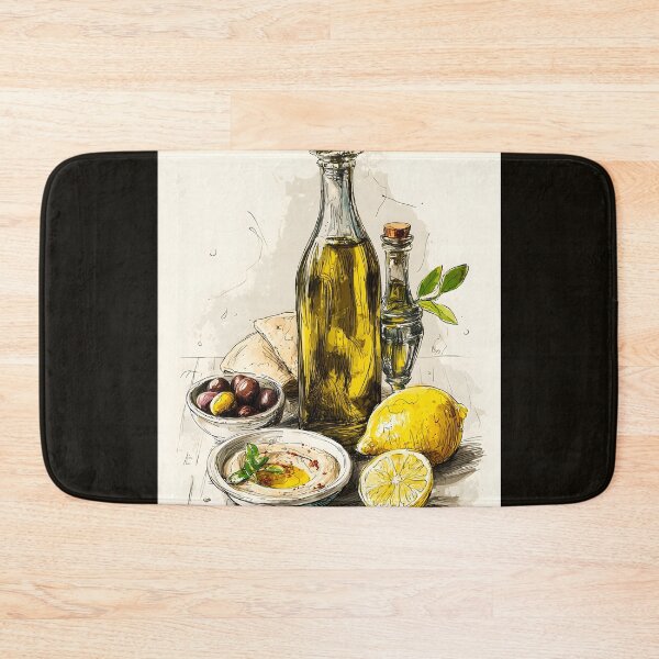 Item preview, Mediterranean Ingredients Come Together in a Rustic Arrangement with Olive Oil Bottles Lemons Hummus designed and sold by OlfactoART Studio.