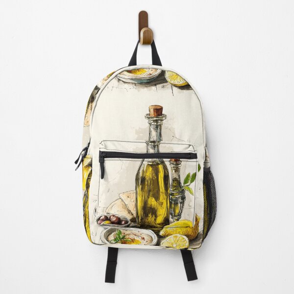 Item preview, Mediterranean Ingredients Come Together in a Rustic Arrangement with Olive Oil Bottles Lemons Hummus designed and sold by OlfactoART Studio.