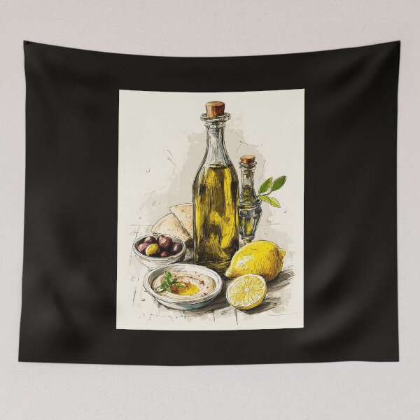 Item preview, Mediterranean Ingredients Come Together in a Rustic Arrangement with Olive Oil Bottles Lemons Hummus designed and sold by OlfactoART Studio.