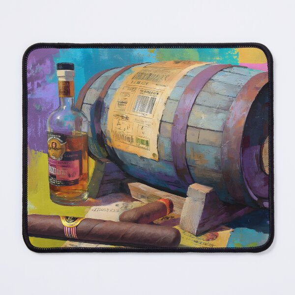 Item preview, Whiskey Barrel and Bottle with Cigars on Papers - Vibrant Multicolored Backdrop of Luxury designed and sold by OlfactoART Studio.