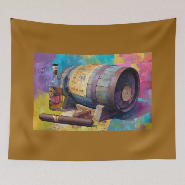 Item preview, Whiskey Barrel and Bottle with Cigars on Papers - Vibrant Multicolored Backdrop of Luxury designed and sold by OlfactoART Studio.