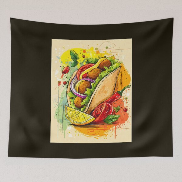 Item preview, Falafel Feast in a Vibrant Pita Wrap Surrounded by Chili Peppers and Fresh Colorful Vegetables designed and sold by OlfactoART Studio.