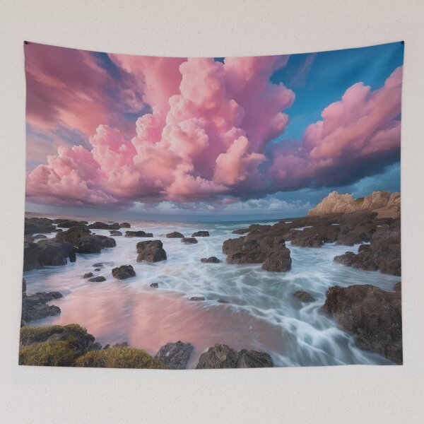 Item preview, Ocean landscape, rocks and red sky designed and sold by MerlinWear.