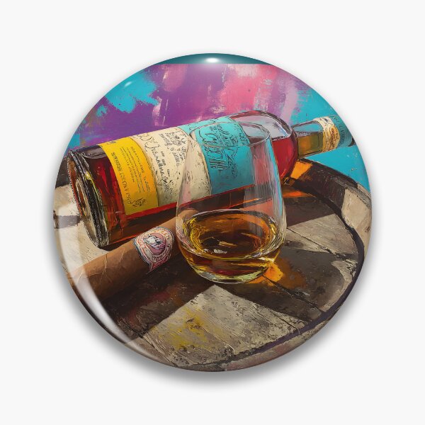 Item preview, Golden Whiskey and Cigar on Barrel Display - Rich Pink, Blue, and Yellow Hues in a Bold Celebration designed and sold by OlfactoART Studio.