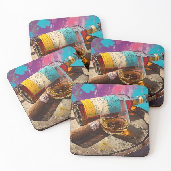 Item preview, Golden Whiskey and Cigar on Barrel Display - Rich Pink, Blue, and Yellow Hues in a Bold Celebration designed and sold by OlfactoART Studio.