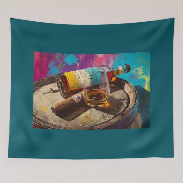 Item preview, Golden Whiskey and Cigar on Barrel Display - Rich Pink, Blue, and Yellow Hues in a Bold Celebration designed and sold by OlfactoART Studio.