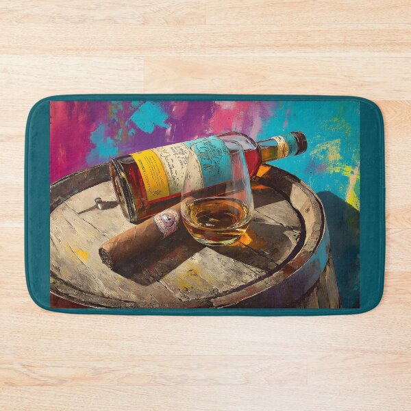 Item preview, Golden Whiskey and Cigar on Barrel Display - Rich Pink, Blue, and Yellow Hues in a Bold Celebration designed and sold by OlfactoART Studio.