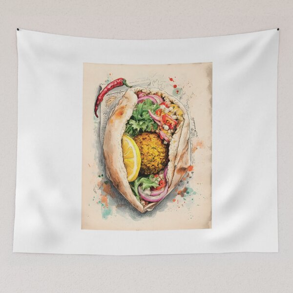 Item preview, Falafel Pita Stuffed with Fresh Veggies and Lemon Wedge Enhanced by Bold Colors and Fiery Chili designed and sold by OlfactoART Studio.