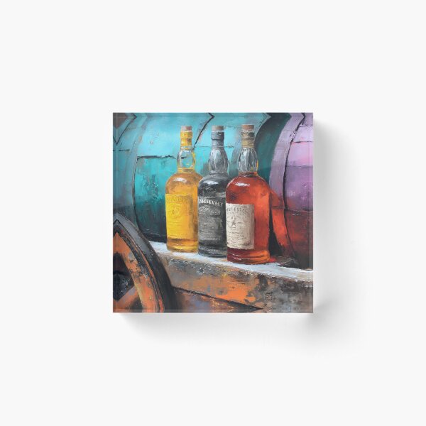 Item preview, Aged Whiskey Bottles with Rustic Wheel and Colorful Barrels - Turquoise and Purple Hues in a Vintage designed and sold by OlfactoART Studio.