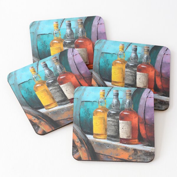 Item preview, Aged Whiskey Bottles with Rustic Wheel and Colorful Barrels - Turquoise and Purple Hues in a Vintage designed and sold by OlfactoART Studio.