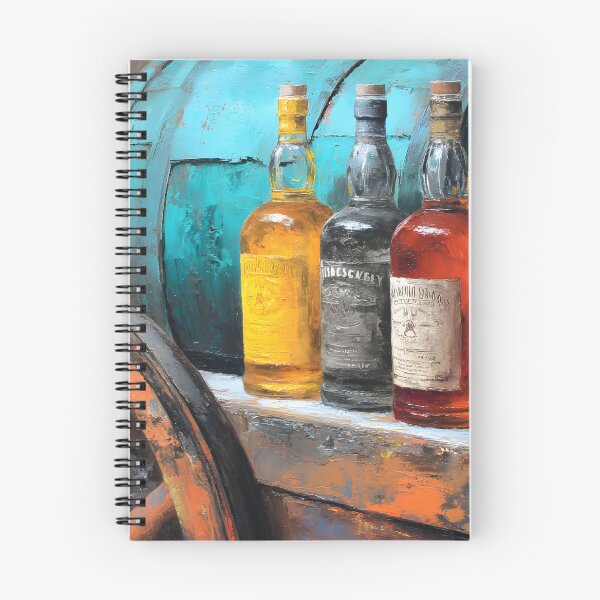 Item preview, Aged Whiskey Bottles with Rustic Wheel and Colorful Barrels - Turquoise and Purple Hues in a Vintage designed and sold by OlfactoART Studio.