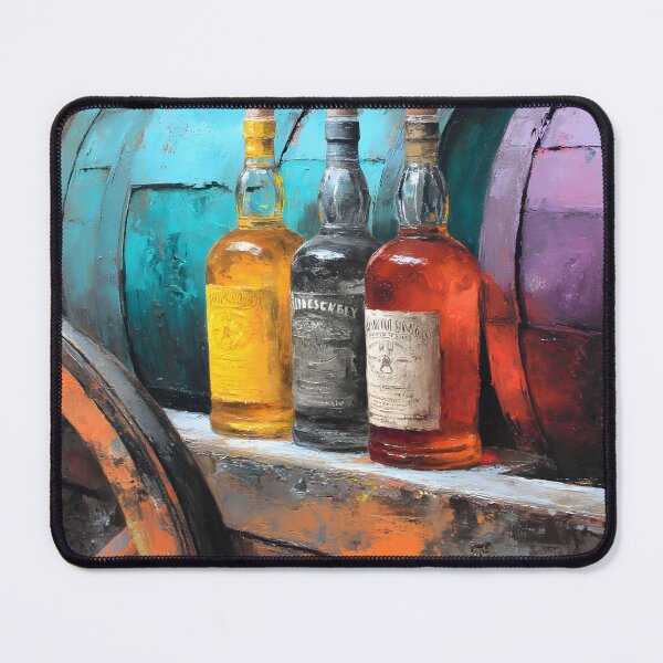 Item preview, Aged Whiskey Bottles with Rustic Wheel and Colorful Barrels - Turquoise and Purple Hues in a Vintage designed and sold by OlfactoART Studio.