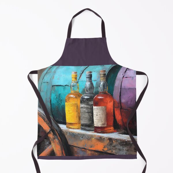 Item preview, Aged Whiskey Bottles with Rustic Wheel and Colorful Barrels - Turquoise and Purple Hues in a Vintage designed and sold by OlfactoART Studio.