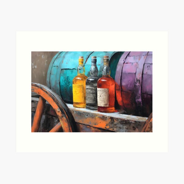 Item preview, Aged Whiskey Bottles with Rustic Wheel and Colorful Barrels - Turquoise and Purple Hues in a Vintage designed and sold by OlfactoART Studio.
