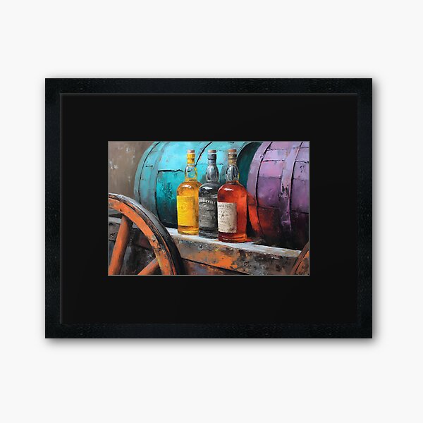 Item preview, Aged Whiskey Bottles with Rustic Wheel and Colorful Barrels - Turquoise and Purple Hues in a Vintage designed and sold by OlfactoART Studio.