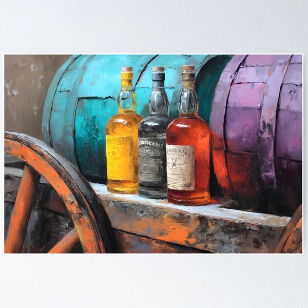 Item preview, Aged Whiskey Bottles with Rustic Wheel and Colorful Barrels - Turquoise and Purple Hues in a Vintage designed and sold by OlfactoART Studio.