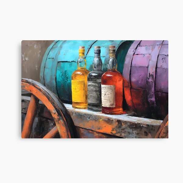 Item preview, Aged Whiskey Bottles with Rustic Wheel and Colorful Barrels - Turquoise and Purple Hues in a Vintage designed and sold by OlfactoART Studio.