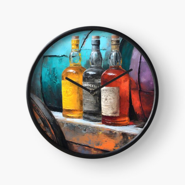 Item preview, Aged Whiskey Bottles with Rustic Wheel and Colorful Barrels - Turquoise and Purple Hues in a Vintage designed and sold by OlfactoART Studio.