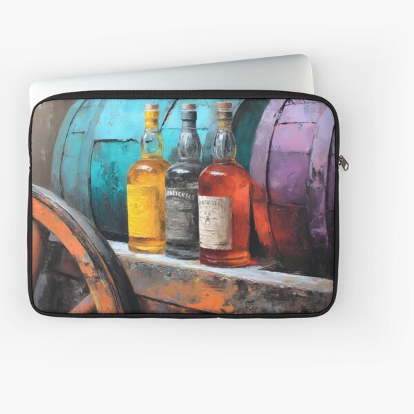 Item preview, Aged Whiskey Bottles with Rustic Wheel and Colorful Barrels - Turquoise and Purple Hues in a Vintage designed and sold by OlfactoART Studio.