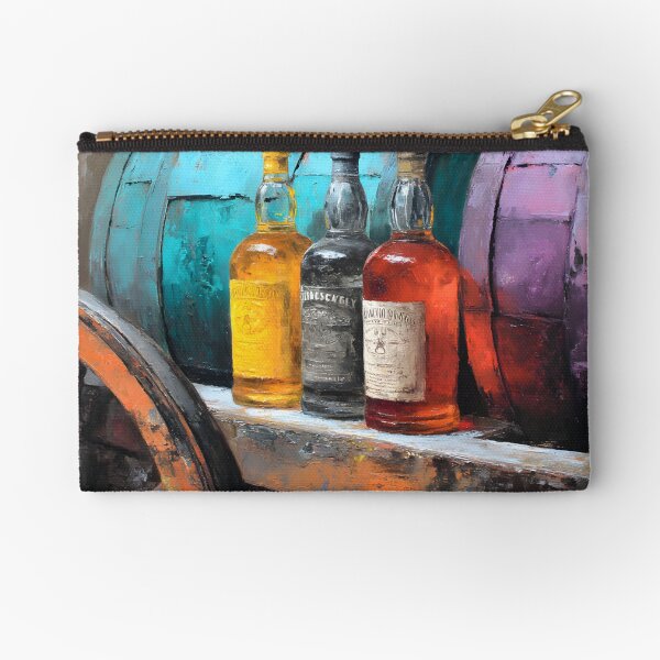 Item preview, Aged Whiskey Bottles with Rustic Wheel and Colorful Barrels - Turquoise and Purple Hues in a Vintage designed and sold by OlfactoART Studio.