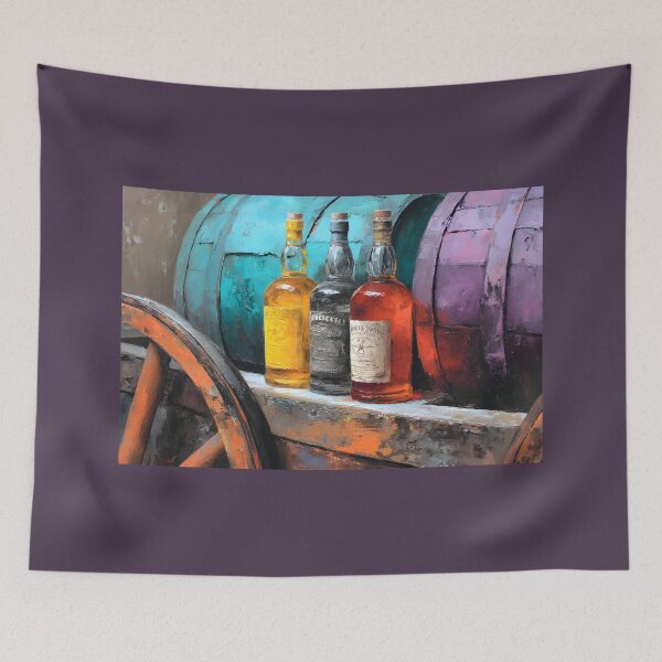 Item preview, Aged Whiskey Bottles with Rustic Wheel and Colorful Barrels - Turquoise and Purple Hues in a Vintage designed and sold by OlfactoART Studio.
