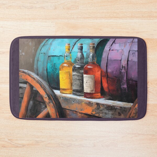 Item preview, Aged Whiskey Bottles with Rustic Wheel and Colorful Barrels - Turquoise and Purple Hues in a Vintage designed and sold by OlfactoART Studio.